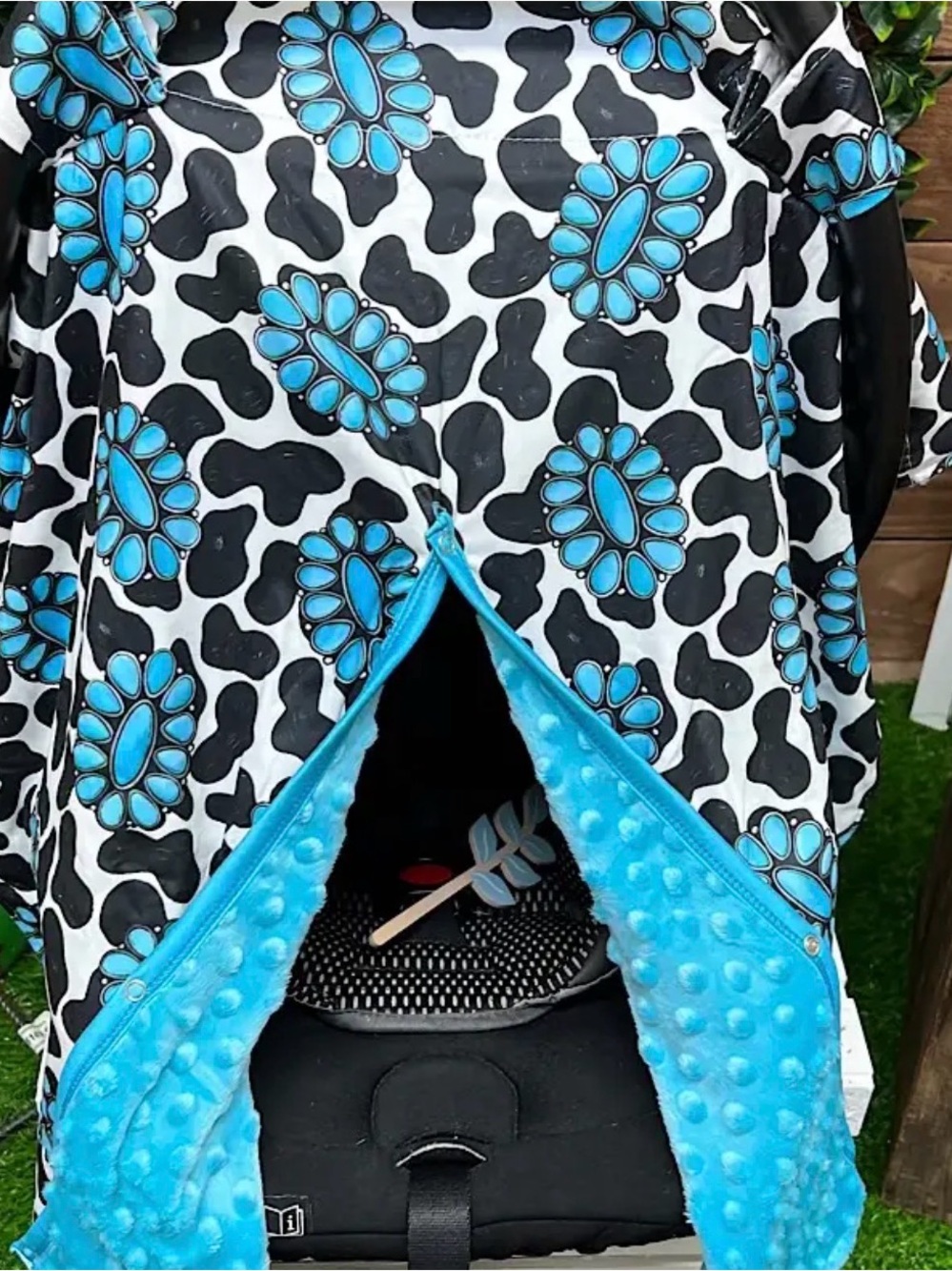 Boho Aztec Cow print Baby Car seat Cover in Blue and Black - Picture 3 of 3